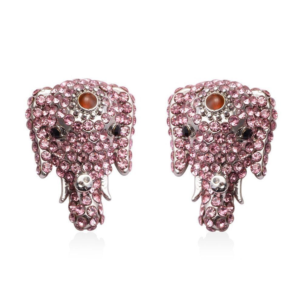 Austrian Crystal Enameled Elephant Earrings in Silvertone Pink and Black